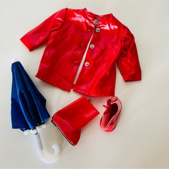 AMERICAN GIRL DOLL Red Blue White Snap Rain Jacket Coat Umbrella Boots Galoshes - Picture 5 of 9